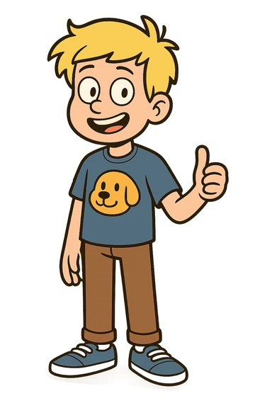 A boy yellow hair dog mascot logo t-shirts brown trousers blue vans shoe  sticker
