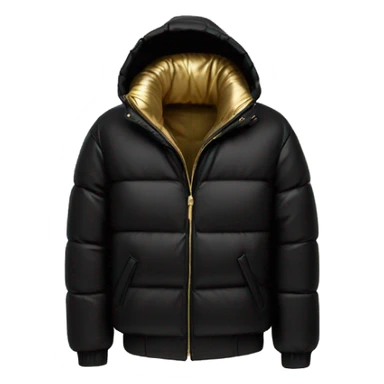 “Create an emoji of a black puffer jacket with a shiny metallic gold inner lining, featuring a hood and a sleek, modern style sticker