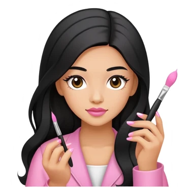 Pink Nail Tech with black long hair holding small acrylic brush sticker