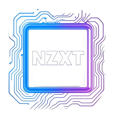 Transform the NZXT logo into a cyberpunk, holographic style with glowing neon blue and pink circuit patterns and edges. Keep the NZXT text bold, crisp, and white for maximum legibility. The main icon should be a glowing purple square with the NZXT text, matching the cyberpunk folder icon style. The overall look should be futuristic, clean, and consistent with previous cyberpunk icons, with the purple square and neon effects floating on a transparent background. sticker