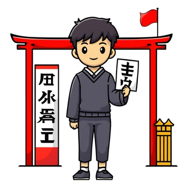 Japanese high school boy welcoming visitors with poster at cultural festival entrance sticker