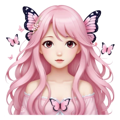 A Gorgeous Beautiful Anime Lady Sakura Cherry Blossom and Pretty Hair, pastelcore aesthetic, pastel pink and white, butterfly, Fairycore sticker