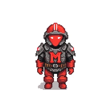 military person in black and red armor, wearing a black flag on back with red letter M in center sticker