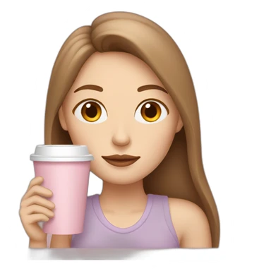 woman with pale skin and middle brown long thin hair sipping coffee sleeping from a light pink takeaway cup sticker