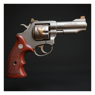 a realistic revolver with a heart motif, metallic and red accents, photorealistic style sticker