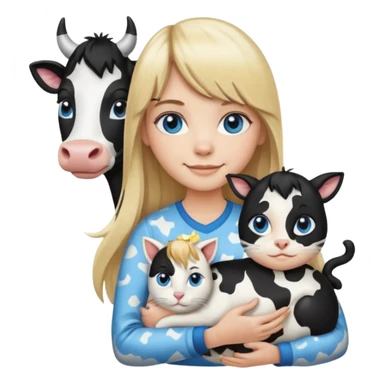 Apple-style emoji sticker of a young woman with long blond hair and straight bangs, blue eyes , holding a black-and-white cow-pattern cat on her chest, both smiling.  sticker