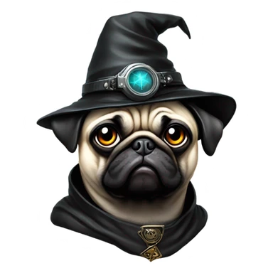 cyberpunk pug wearing a black wizard's hat sticker