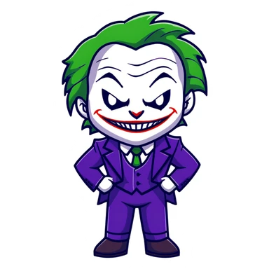 The Joker villain full body with green hair, purple suit, white face, red lips, sinister smile sticker