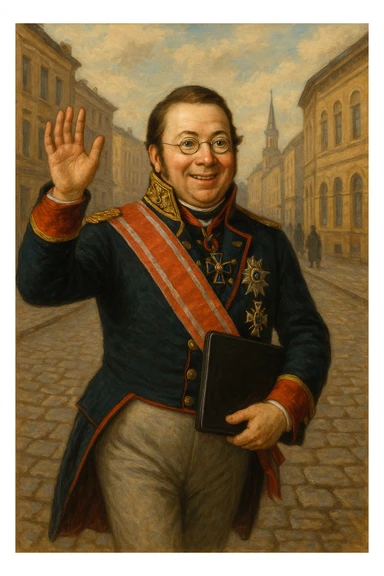 Павел Николаевич Демидов идёт с закрытым ноутбуком по улице города 19 века в руках улыбается и машет рукой вперед, рисованный стиль sticker