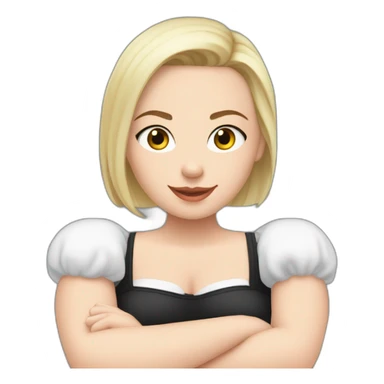 Front view curvy caucasian beauty sitting straight hands up black skirt white knickers white socks sticker