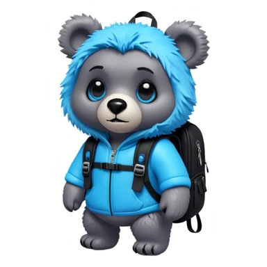 3D, adorable little Pixar style blue neon punk bear with a black backpack, ultra detailed, each lash, eye, and strand of fur is shown in stunning detail as though captured in a timeless photograph, rich textures, visually rich, so lifelike it feels like it could leap off the page at any moment sticker