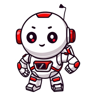 modern face of a black robot with white led eyes, red leds on robot, brave pose, smiling sticker
