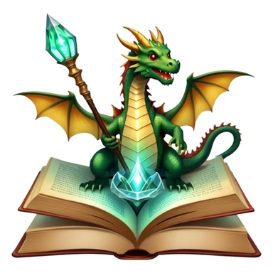 Icon for Fantasy and Sci-Fi Literature: a magical book with glowing pages, surrounded by a dragon, a spaceship, and a wizard with a staff. The icon should capture the adventurous and imaginative world of fantasy and science fiction. Transparent background. sticker