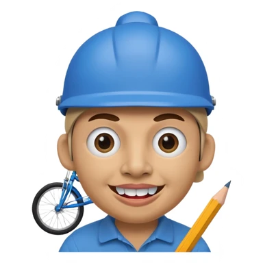 A round head puppet with 2 buck teeth a blue bike helmet and a round nose with a pencil in it also he has a unibrow and blue eyes sticker