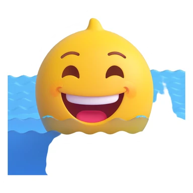yellow smiling face emoji, happy expression, partially submerged in blue water with gentle waves around, simulating movement, dynamic and fun design sticker