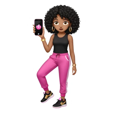 Black woman, adult, 4C black curly hair, dark brown eyes, wearing black top, pink pants, black sneakers, gold hoop earrings, iPhone emoji style sticker