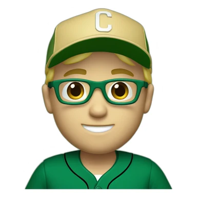 Blonde male, blue eyes, short hair with glasses. Dark green baseball uniform with hat and with "C" on the dark green hat. make the style slightly 3D with a diagonal angle. Crop from chest up sticker