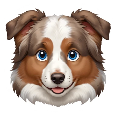 cute close-up of Australian Shepherd dog face, adorable expression, detailed heterochromatic eyes (one blue one brown), fluffy fur with merle pattern, expressive ears, sweet smile sticker