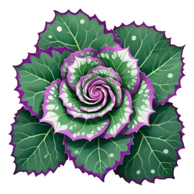 Close-up of Begonia Rex leaf center showing spiral growth pattern, dark green leaf with purple edges and white spots sticker