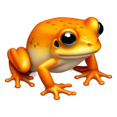 an orange frog with a white mark on its chest. the white mark should be in the shape of a flame, but there's no flame involved in the photo itself, just the shape of the fur sticker