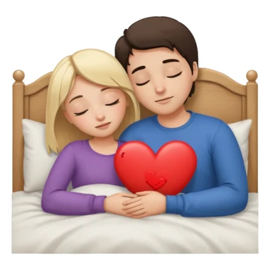 cuddling in bed, asleep. blonde girl. brunette man. eyes closed. heart between them. no headboard sticker