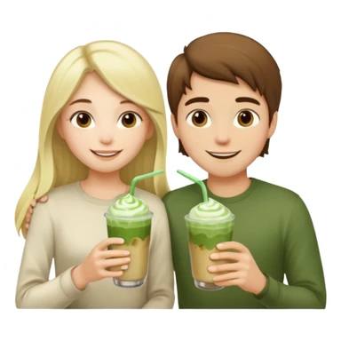 light blonde with long hair luxury girl and brown hair boy drinking ice matcha latte together sticker