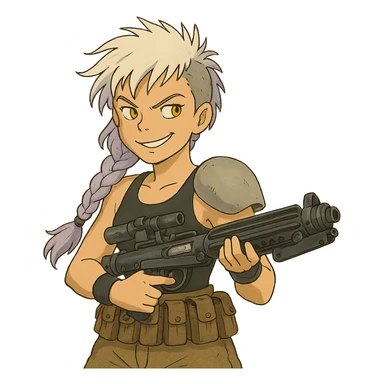 1 FEMALE, GOLD YELLOW EYES, WHITE HAIR LAVENDER TIPS, MESSY LOCKS BANGS MOHAWK, LONG BRAID, small black sports tank top, a single large light gray shoulder pad, tactical belt with many pouches, HOLDING A STORMTROOPER'S E11 BLASTER RIFLE, BRANDISHING, mischevious GLARE, style of star wars original character sticker