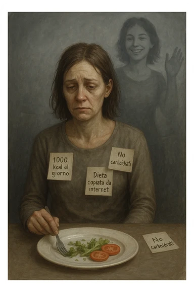 Donna tra i 30 e i 40 anni seduta a tavola, davanti a un piatto quasi vuoto con solo insalata e due fette di pomodoro. Il suo volto è visibilmente triste, stanco, con occhi spenti. Intorno a lei, foglietti attaccati con scritte come '1000 kcal al giorno', 'No carboidrati', 'Dieta copiata da internet'. L’atmosfera è fredda, grigia, priva di energia. Il suo corpo appare spento e scarico. Sullo sfondo, la sagoma di sé stessa più felice e piena di vitalità, come ricordo di un approccio migliore mai seguito. Stile realistico e simbolico sticker