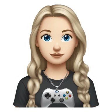 white girl, long brown hair, light blue eyes, black t-shirt, one silver chain necklace, grey joggers, white airforces and blue xbox controller  sticker