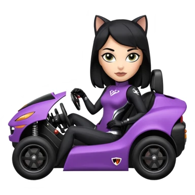 full size real-appearance electric road racing sexy CatWoman’s feminine midnight-colored tight outfit sixty’s tv show dark stealthy accurate sporty safe plush deluxe off-road pursuit drifting car jaguar accents (black hair,reclined and relaxed torso and shoulders seating position) cross kart  sticker
