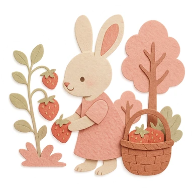 highly detailed, high quality paper craft style illustration of a bunny picking strawberries in the woods, sweet pastel red colors, intricate textures, soft lighting, delicate cut-paper details sticker