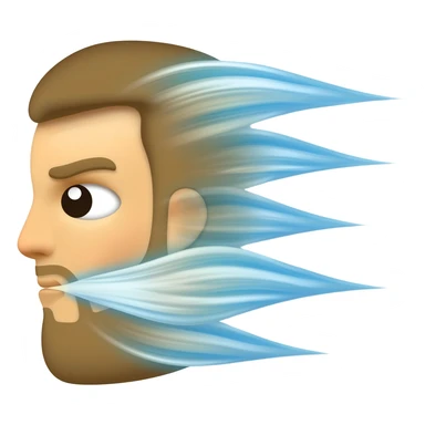 A high-resolution, stylized emoji illustration, in left-profile view, of a classic personified wind or "Boreas" face. A powerful stream of wind emanates from its puckered mouth, forming four distinct, swirling, light-blue-and-white stylized vapor trails that curl back on themselves. sticker