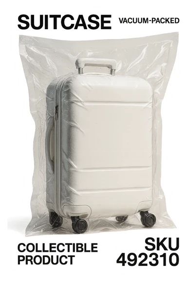 white suitcase on wheels, vacuum sealed style, angled view, soft shadows and highlights, pure white color, transparent background, no decoration sticker