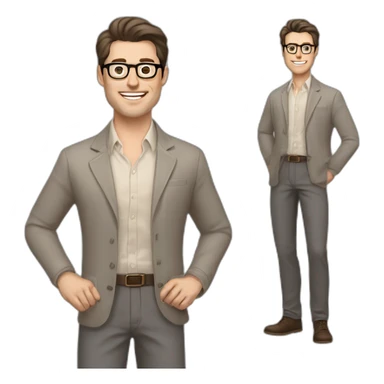 Joyful Full height Pale skinned Fit Man With dark brown hair in gray classic jacket, beige office shirt, Brown pants and vintage glasses. Thrumbs of his palms are up sticker