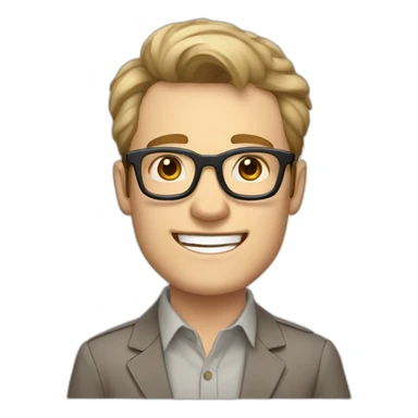 Joyful Pale skinned Fit Man With dark brown hair in gray jacket, beige office shirt, Brown pants and vintage glasses. His thrumbs up sticker