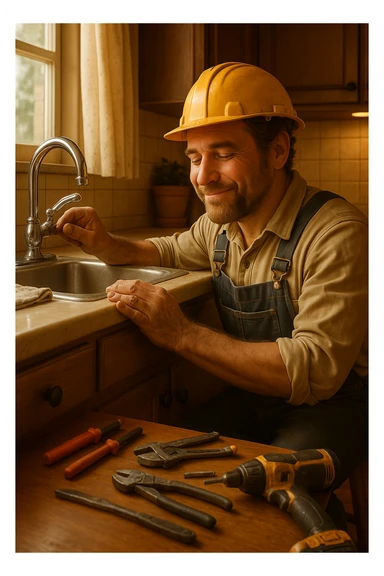 Vertical format, construction worker kneeling by sink, hands dirty, fixing leaky faucet, gentle smile. Version 1. sticker