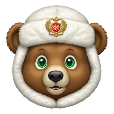 Extra cute smiling brown bear face with big green eyes, soft white fluffy ushanka hat with clear Russian Federation coat of arms emblem, iOS emoji style sticker