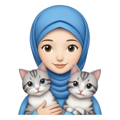 Asian White girl wearing  blue hijab and white dress holding a black grey tabby cat while smiling.  sticker