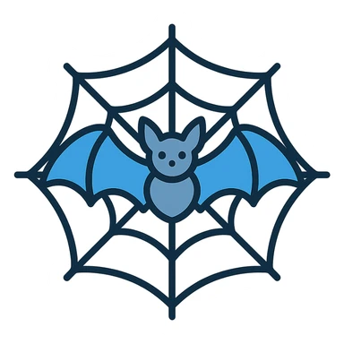 a bat with spread wings in a spiderweb, icon style, color outline with subtle blue and gray tones sticker