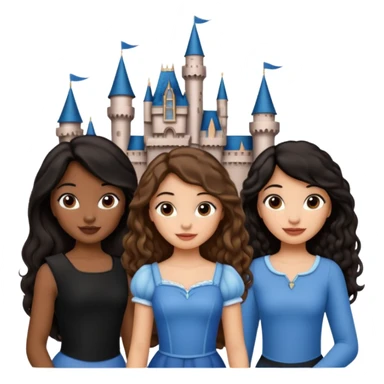 Quiero que crees una imagen donde este el castillo de Disney y por detrás o delante pon a quatro chicas: una con el pelo largo rizado marrón , otra con el pelo corto negro, otra con el pelo mediano liso marrón y otra con el pelo negro largo liso sticker