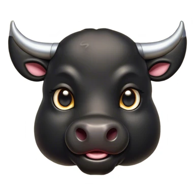 Cinematic Cute Black Bull Portrait Emoji, Head tilted playfully and inquisitively, featuring a glossy, robust black hide with a striking sheen, round, sparkling dark eyes filled with gentle curiosity, Simplified yet irresistibly adorable features, highly detailed, glowing with a warm, friendly glow, high shine, affectionate and imposing, stylized with a touch of rugged charm, bright and endearing, soft glowing outline, capturing the essence of a mischievous yet loving bull, so playful it feels like it could stomp out of the screen and into your arms! sticker