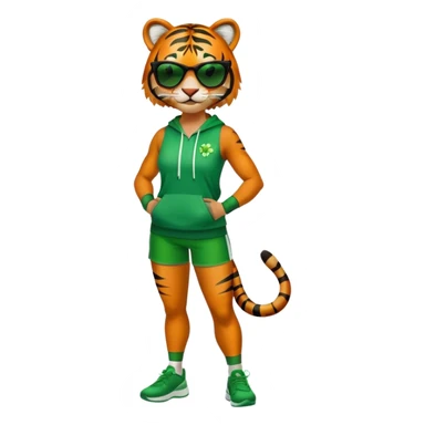 female energetic anthropomorphised tiger in full body, wearing St. Patrick's Day themed sportswear and dark sunglasses sticker
