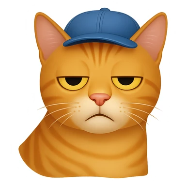 Change the cat's face expression to bored, keep the blue cap, and set the background to transparent. The style should resemble emoji style with simple and clear features. sticker
