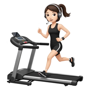 brunette, white girl, in a black gym set with headphones on, on the treadmill, sticker