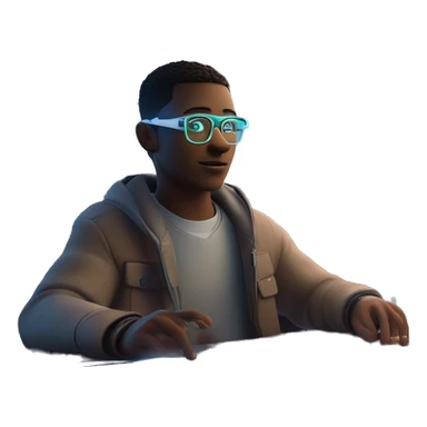 Focused Quantik, with neon accents and AR glasses, taps a holographic screen displaying a complex equation while his drone companion scans for solutions in a futuristic metaverse classroom. sticker