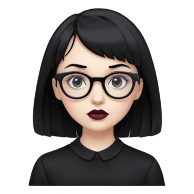white woman with medium length black hair and baby bangs, glasses, with goth makeup and clothing  sticker