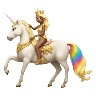 A fairy queen with purple wings and a golden crown riding a rainbow unicorn ￼ sticker