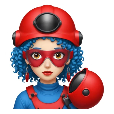 blue curly haired girl with huge earrings wearing red paintball helmet with eye protection, only face  sticker