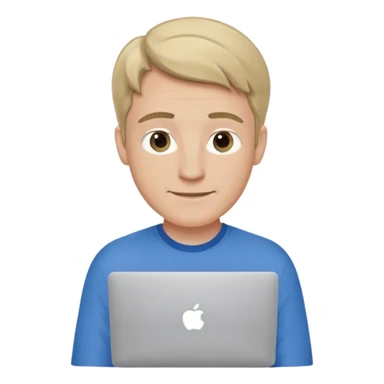 A white man in his mid 20s, middle part average dude with slightly droopy eyes, happy, using a MacBook (no logo), hero for an iOS developers website sticker
