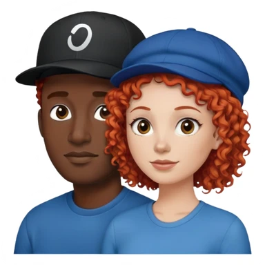 a couple a white woman with red curly hair and a black man in a blue shirt and black cap sticker